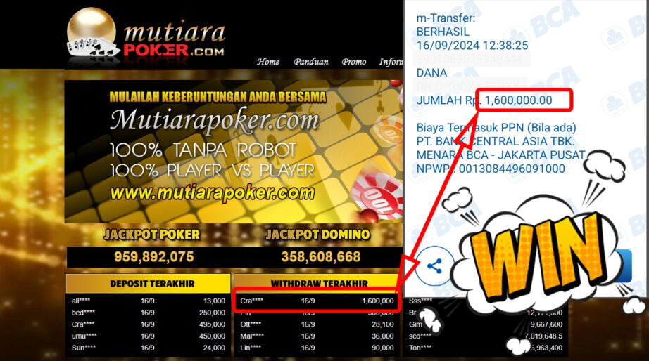 Bukti Withdraw ( 1,600,000,-) Member Setia Mutiarapoker