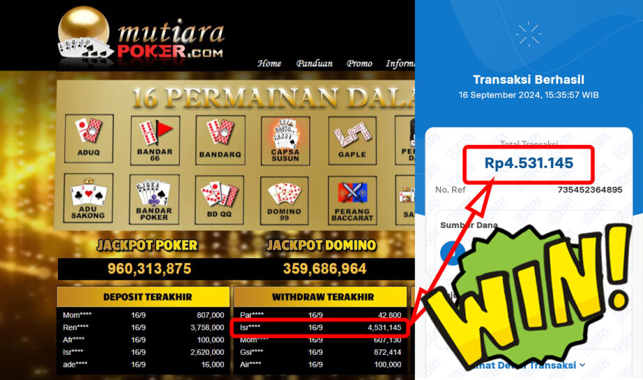 Bukti Withdraw ( 4,531,145,-) Member Setia Mutiarapoker