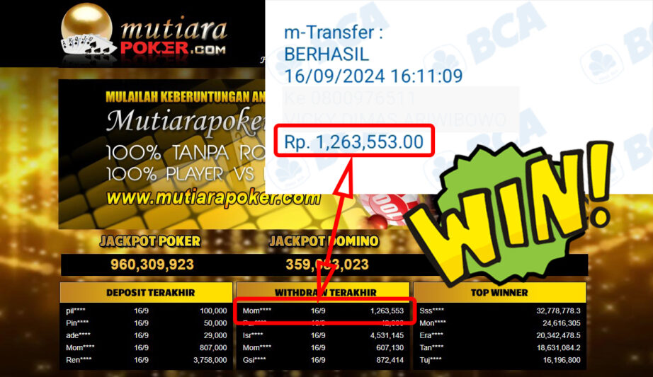 Bukti Withdraw ( 1,263,553,-) Member Setia Mutiarapoker