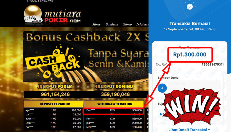 Bukti Withdraw ( 1,300,000,-) Member Setia Mutiarapoker