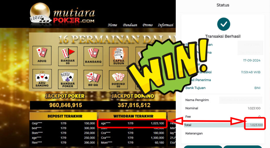 Bukti Withdraw ( 1,023,100,-) Member Setia Mutiarapoker