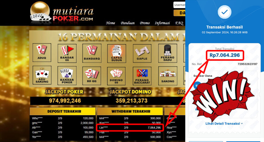 Bukti Withdraw ( 7,064,296,-) Member Setia Mutiarapoker