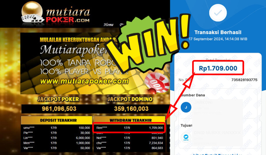 Bukti Withdraw ( 1,709,000,-) Member Setia Mutiarapoker