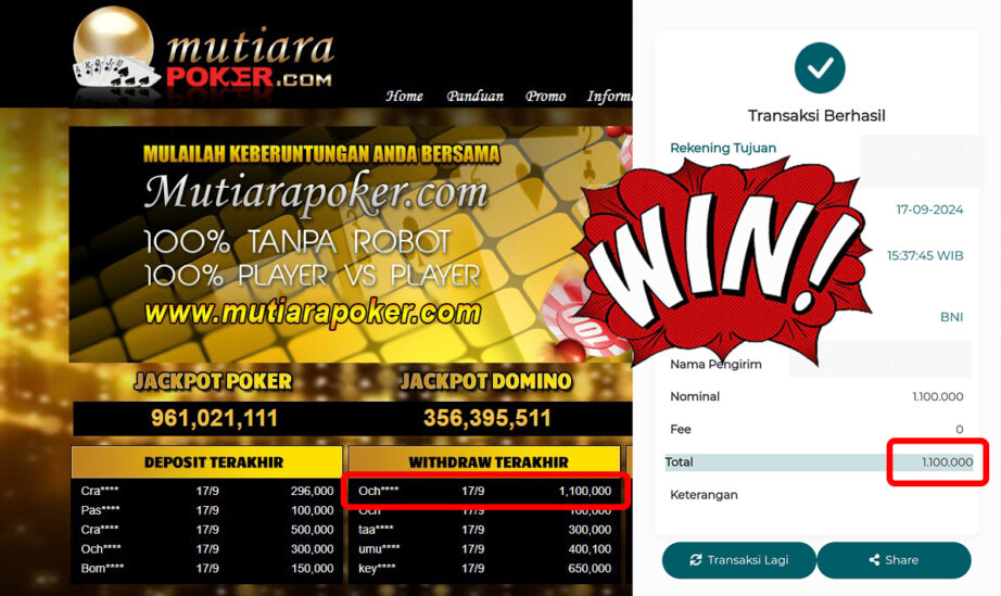 Bukti Withdraw ( 1,100,000,-) Member Setia Mutiarapoker