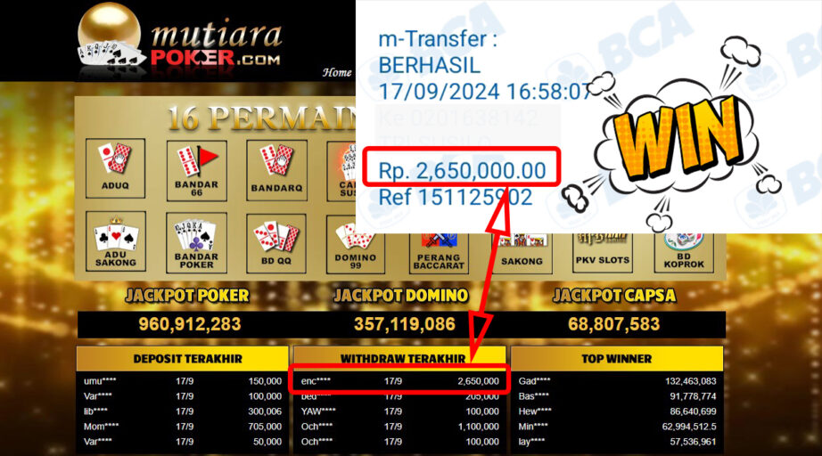 Bukti Withdraw ( 2,650,000,-) Member Setia Mutiarapoker