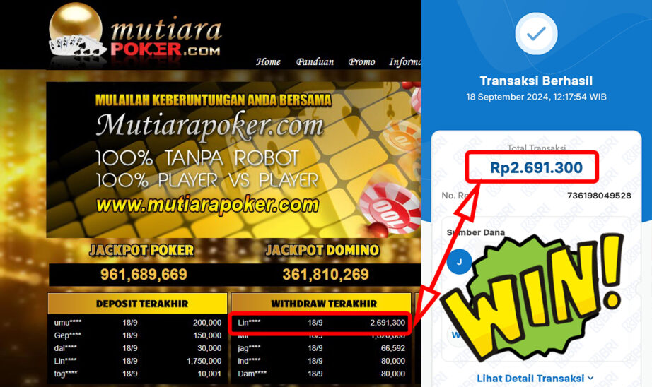 Bukti Withdraw ( 2,691,300,-) Member Setia Mutiarapoker