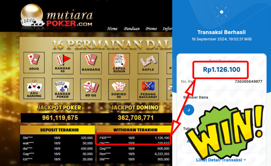 Bukti Withdraw ( 1,126,100,-) Member Setia Mutiarapoker