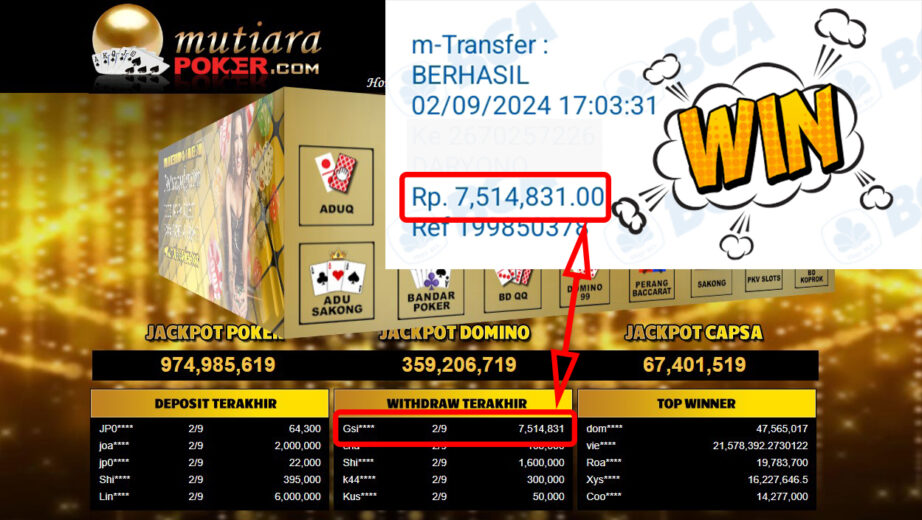 Bukti Withdraw ( 7,514,831,-) Member Setia Mutiarapoker