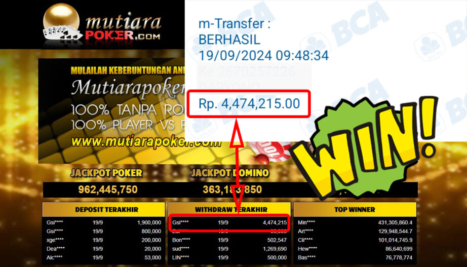 Bukti Withdraw ( 4,474,215,-) Member Setia Mutiarapoker