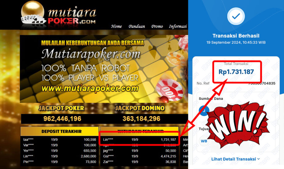 Bukti Withdraw ( 1,731,187,-) Member Setia Mutiarapoker