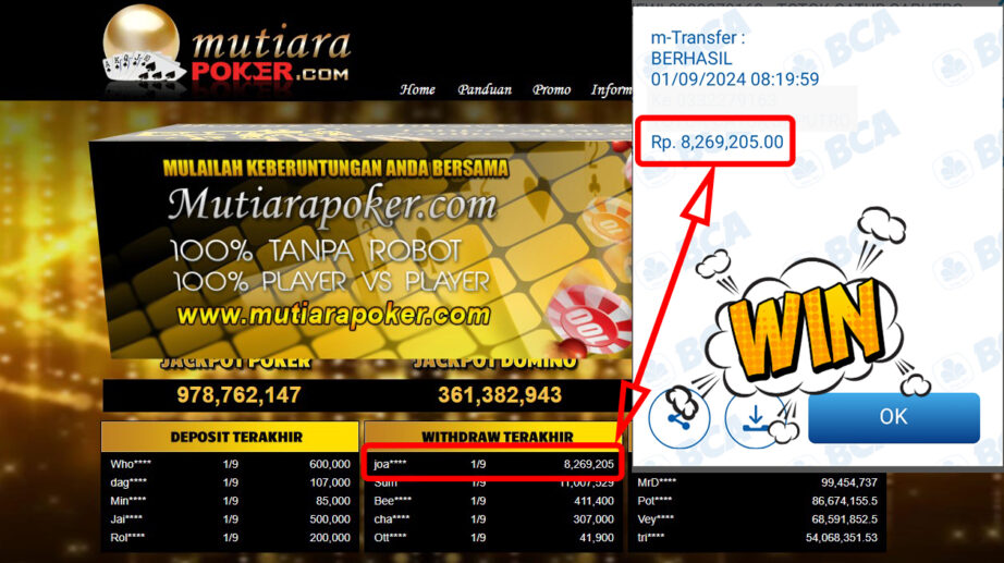 Bukti Withdraw ( 8,269,205,-) Member Setia Mutiarapoker