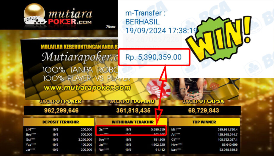 Bukti Withdraw ( 5,390,359,-) Member Setia Mutiarapoker