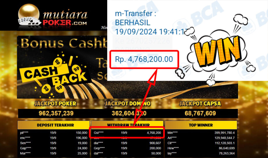 Bukti Withdraw ( 4,768,200,-) Member Setia Mutiarapoker