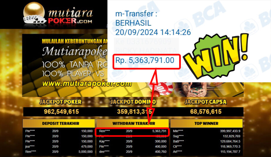 Bukti Withdraw ( 5,363,791,-) Member Setia Mutiarapoker