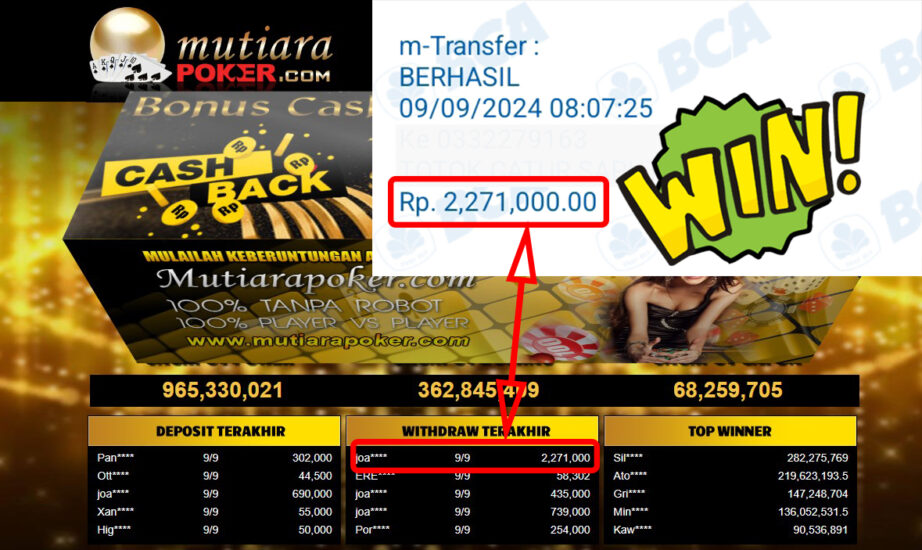 Bukti Withdraw ( 2,271,000,-) Member Setia Mutiarapoker