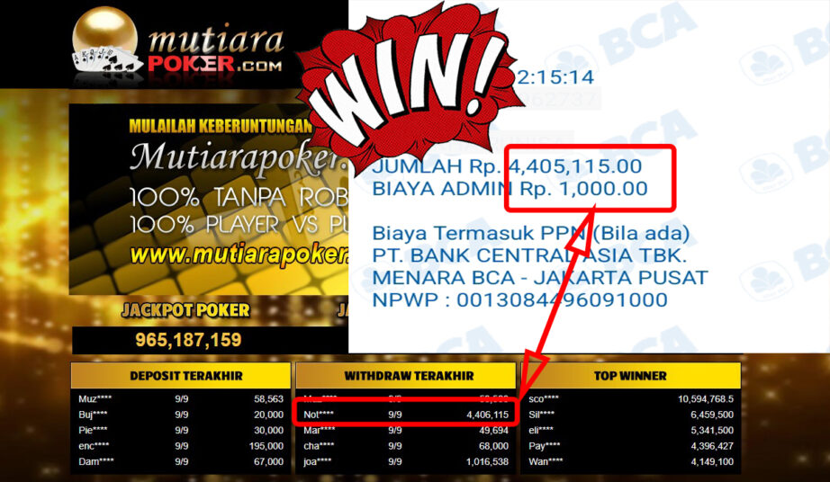 Bukti Withdraw ( 4,406,115,-) Member Setia Mutiarapoker