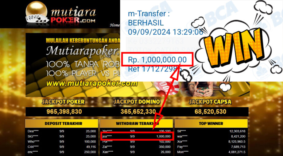 Bukti Withdraw ( 1,000,000,-) Member Setia Mutiarapoker