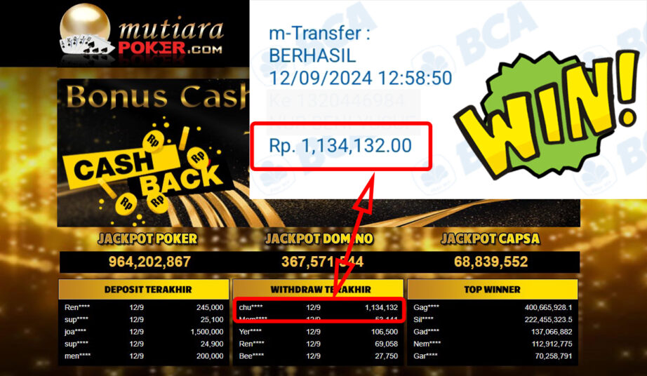 Bukti Withdraw ( 1,134,132,-) Member Setia Mutiarapoker