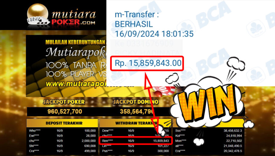 Bukti Withdraw ( 15,859,843,-) Member Setia Mutiarapoker