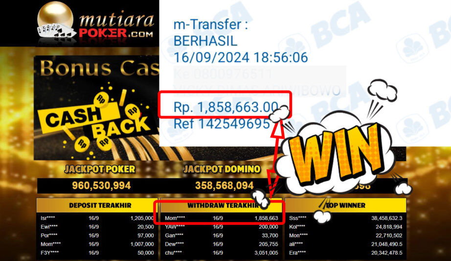 Bukti Withdraw ( 1,858,663,-) Member Setia Mutiarapoker