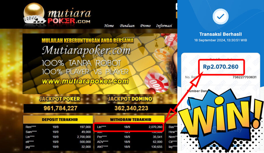 Bukti Withdraw ( 2,070,260,-) Member Setia Mutiarapoker