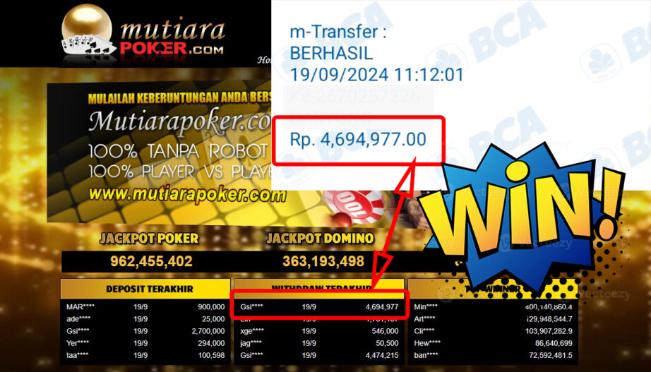 Bukti Withdraw ( 4,694,977,-) Member Setia Mutiarapoker