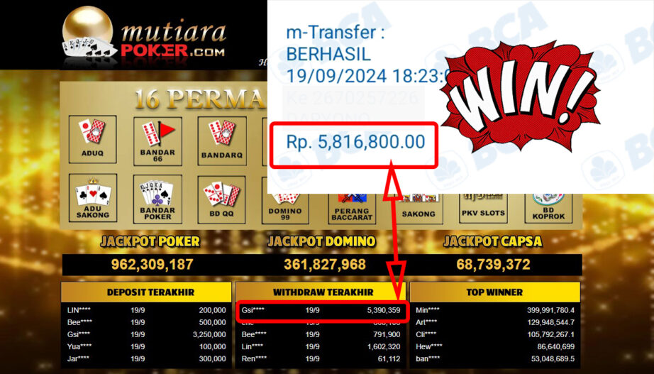 Bukti Withdraw ( 5,816,800,-) Member Setia Mutiarapoker