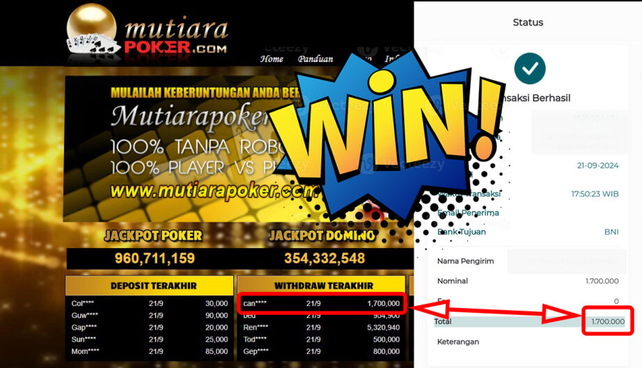 Bukti Withdraw ( 1,700,000,-) Member Setia Mutiarapoker