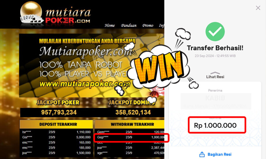 Bukti Withdraw ( 1,000,000,-) Member Setia Mutiarapoker