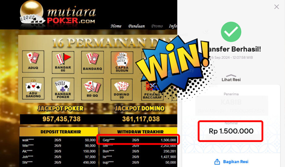 Bukti Withdraw ( 1,500,000,-) Member Setia Mutiarapoker