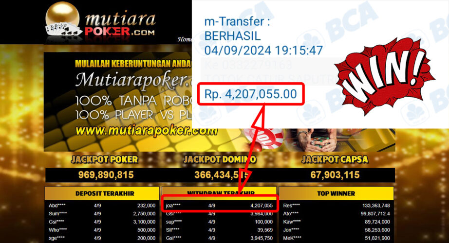 Bukti Withdraw ( 4,207,055,-) Member Setia Mutiarapoker