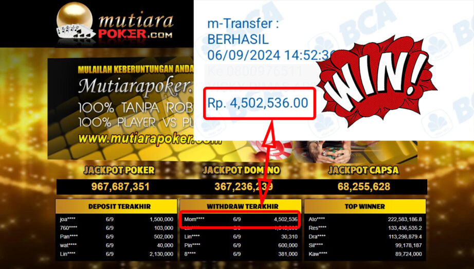 Bukti Withdraw ( 4,502,536,-) Member Setia Mutiarapoker