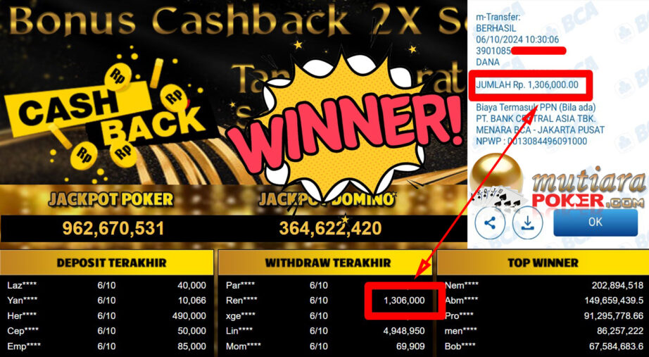 Bukti Withdraw ( 1.306.000,-) Member Setia Mutiarapoker