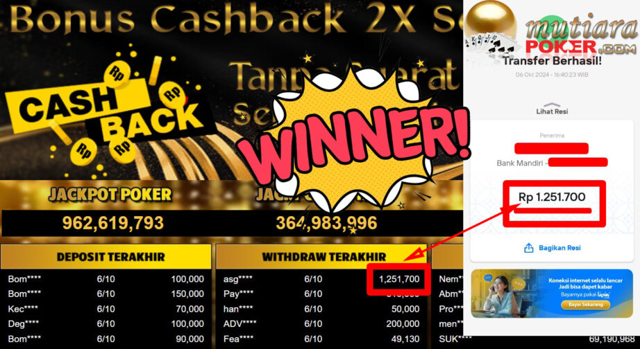 Bukti Withdraw ( 1.251.700,-) Member Setia Mutiarapoker