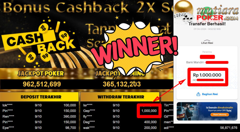 Bukti Withdraw ( 1.000.000,-) Member Setia Mutiarapoker