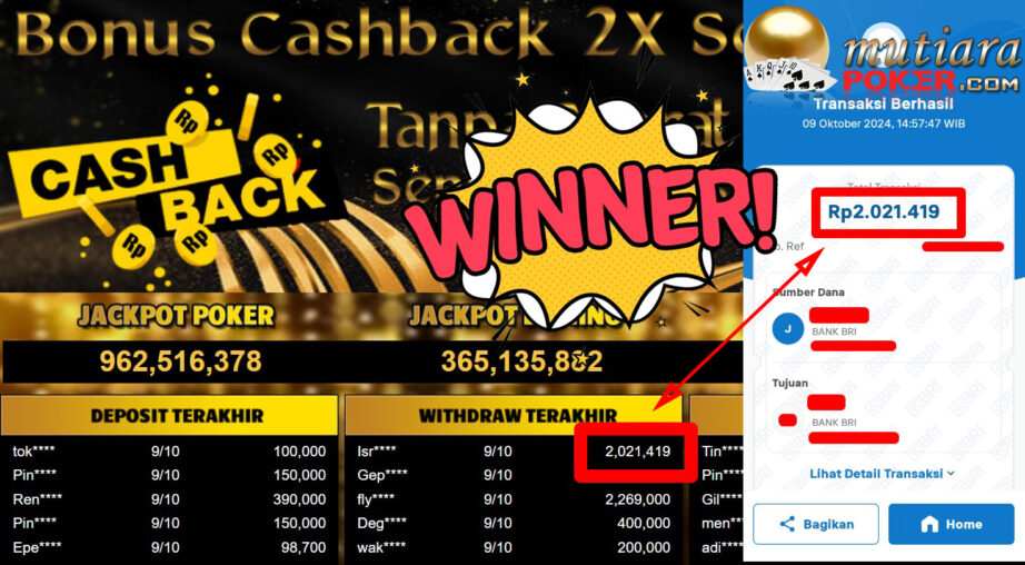 Bukti Withdraw ( 2.021.419,-) Member Setia Mutiarapoker