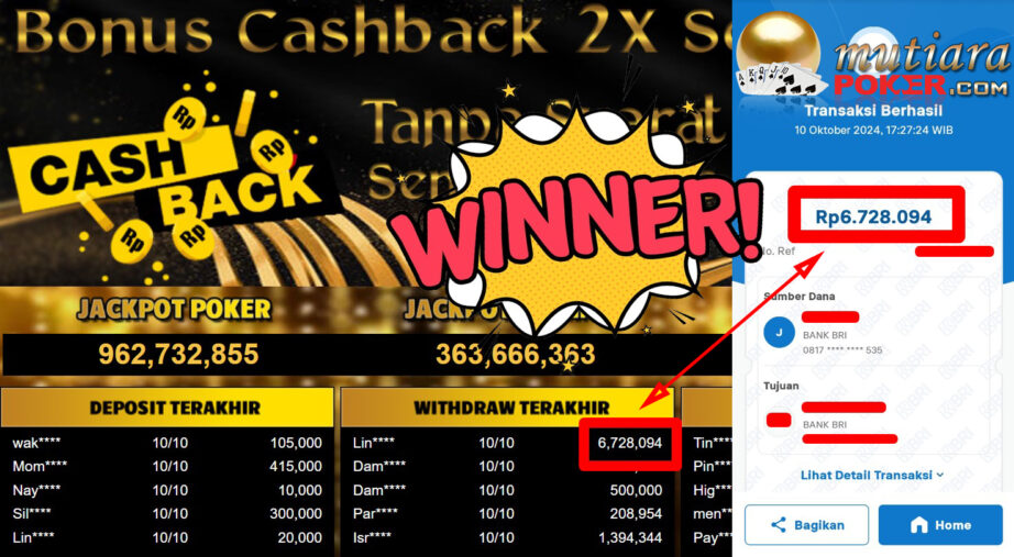 Bukti Withdraw ( 6,728,094,-) Member Setia Mutiarapoker