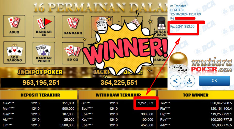 Bukti Withdraw ( 2.241.353,-) Member Setia Mutiarapoker