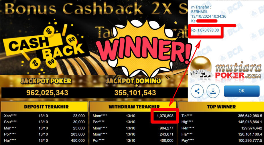 Bukti Withdraw ( 1.070.898,-) Member Setia Mutiarapoker