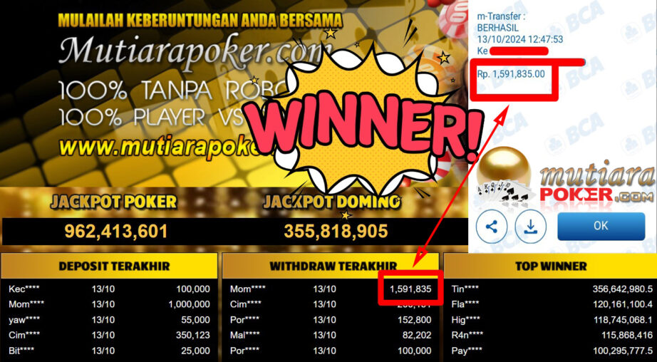 Bukti Withdraw ( 1.591.835,-) Member Setia Mutiarapoker