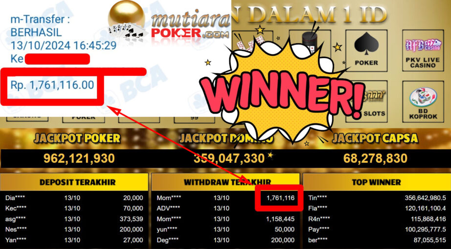 Bukti Withdraw ( 1.761.116,-) Member Setia Mutiarapoker