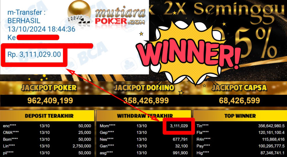 Bukti Withdraw ( 3.111.029,-) Member Setia Mutiarapoker