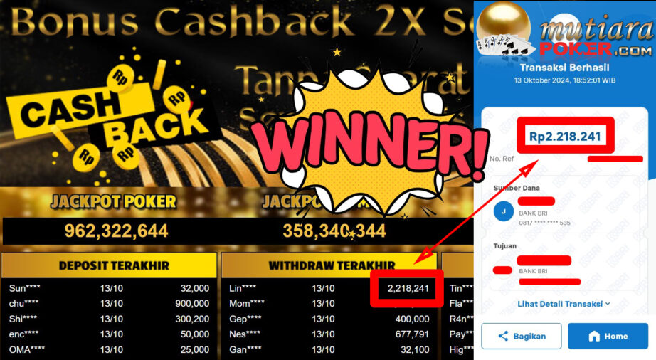 Bukti Withdraw ( 2.218.241,-) Member Setia Mutiarapoker