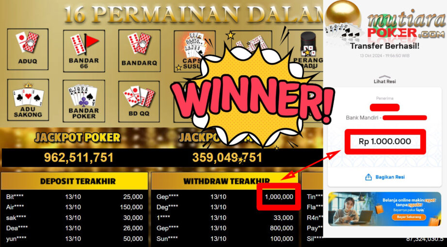 Bukti Withdraw ( 1.000.000,-) Member Setia Mutiarapoker