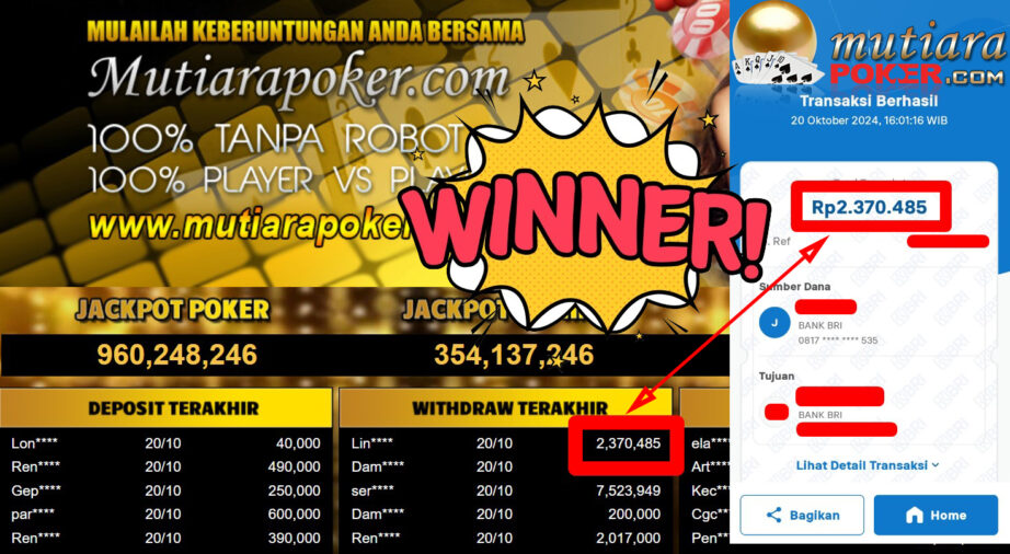 Bukti Withdraw ( 2.370.485,-) Member Setia Mutiarapoker