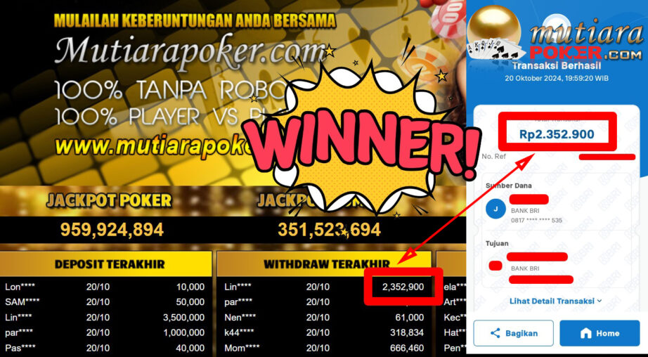 Bukti Withdraw ( 2.352.900,-) Member Setia Mutiarapoker