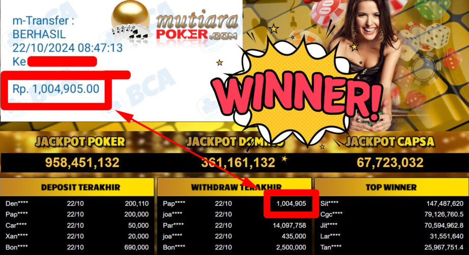 Bukti Withdraw ( 1.004.905,-) Member Setia Mutiarapoker