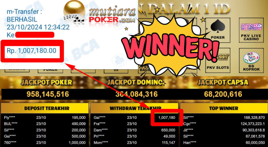 Bukti Withdraw ( 1.007.180,-) Member Setia Mutiarapoker