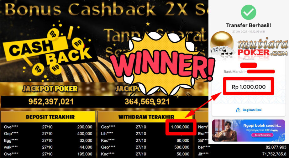 Bukti Withdraw ( 1.000.000,-) Member Setia Mutiarapoker