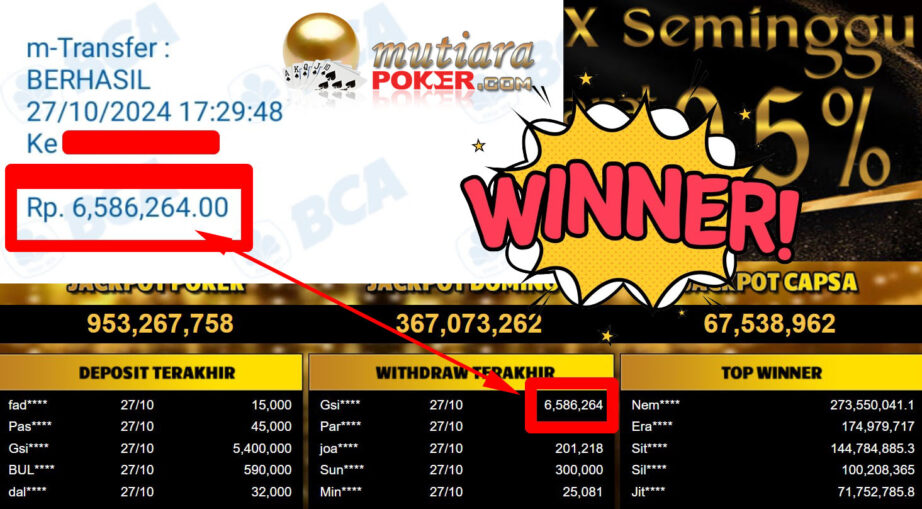 Bukti Withdraw ( 6.586.264,-) Member Setia Mutiarapoker